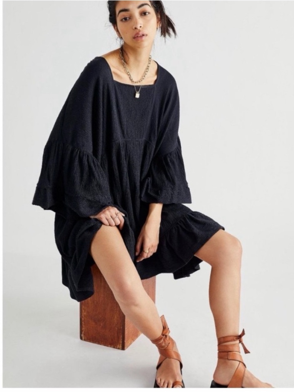 Free People Beach El Mar Black Oversized Mini Dress Boho Resort Size XS
